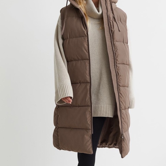 H&M Jackets & Blazers - H&M Long Quilted Hooded Vest in Taupe Brown